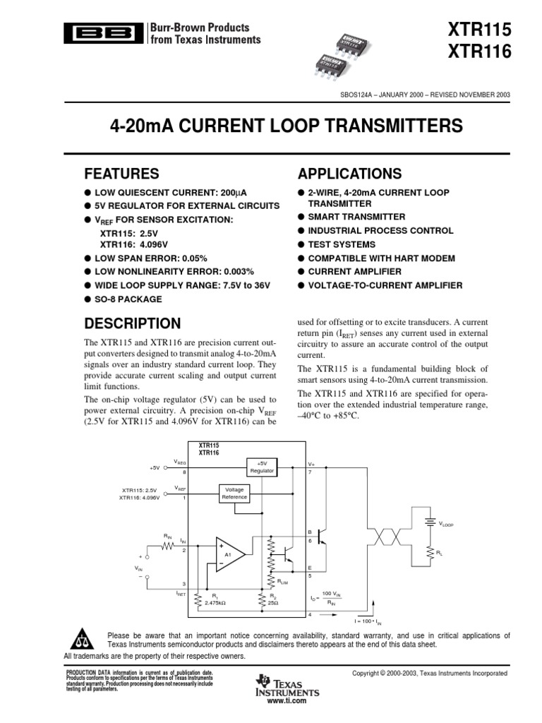 XTR115 XTR116: Features Applications | PDF | Electronic Circuits | Diode