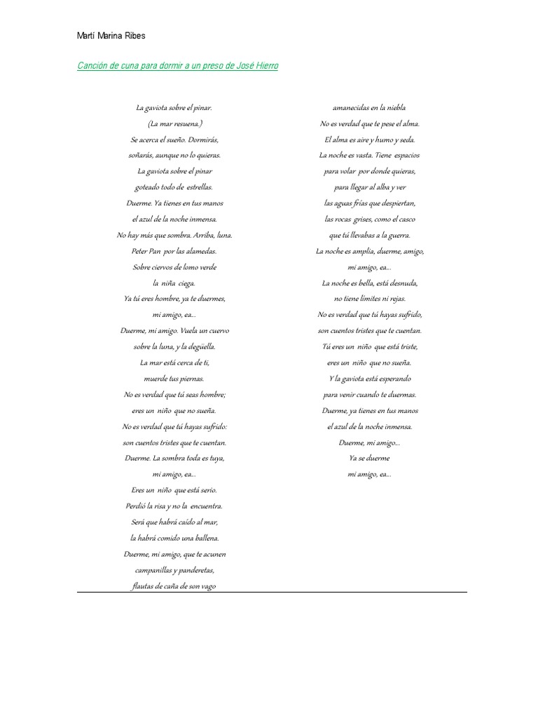Canción de cuna para dormir a un preso de José Hierro
