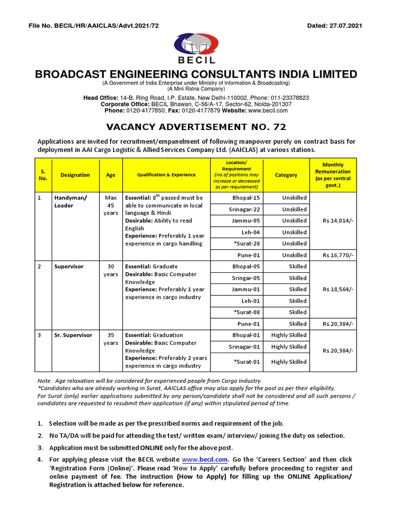 Broadcast Engineering Consultants India Limited Vacancy Advertisement