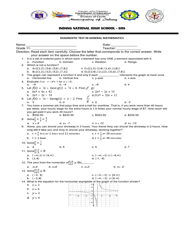 Grade 11 General Math Diagnostic Test | PDF | Proposition | Contradiction