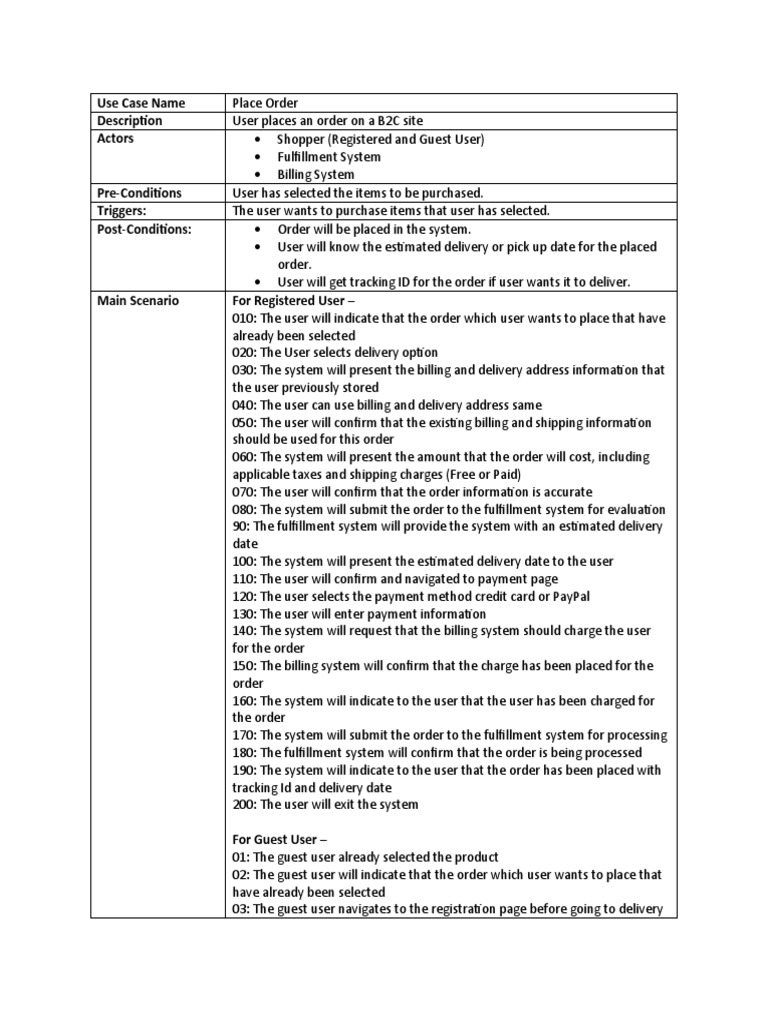 Placing an Order: A Use Case Describing the Process for a Customer to