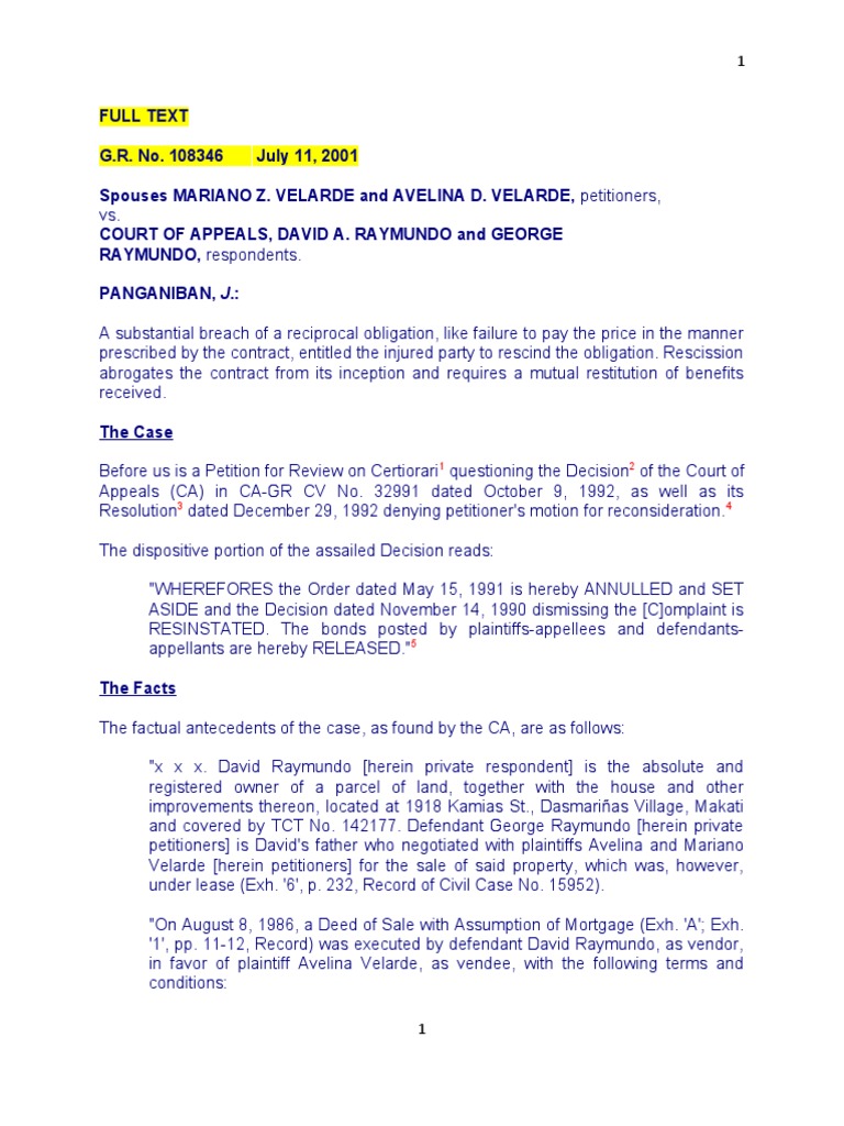 18 VELARDE vs. CA | PDF | Mortgage Law | Breach Of Contract