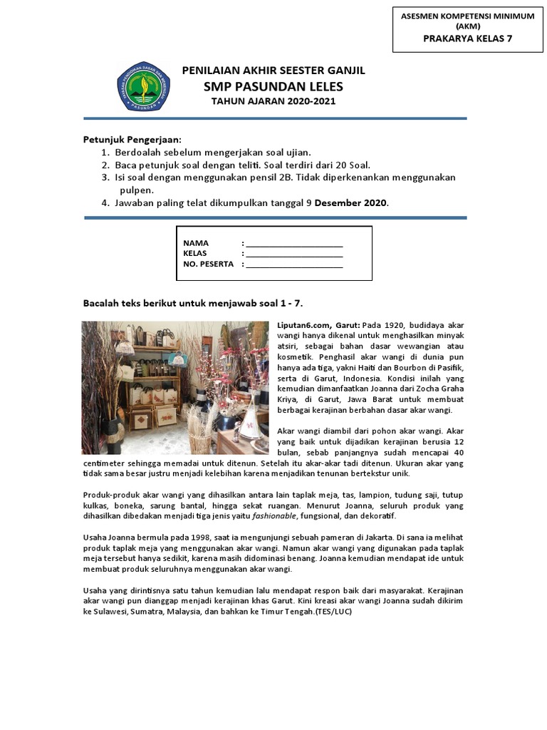 Soal Akm Pas Prakarya Kelas 7 Pdf