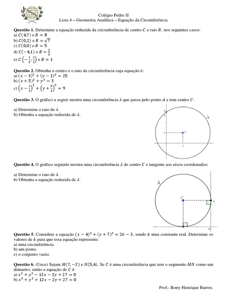 Exercícios de Equação da Circunferência | PDF | Círculo | Equações