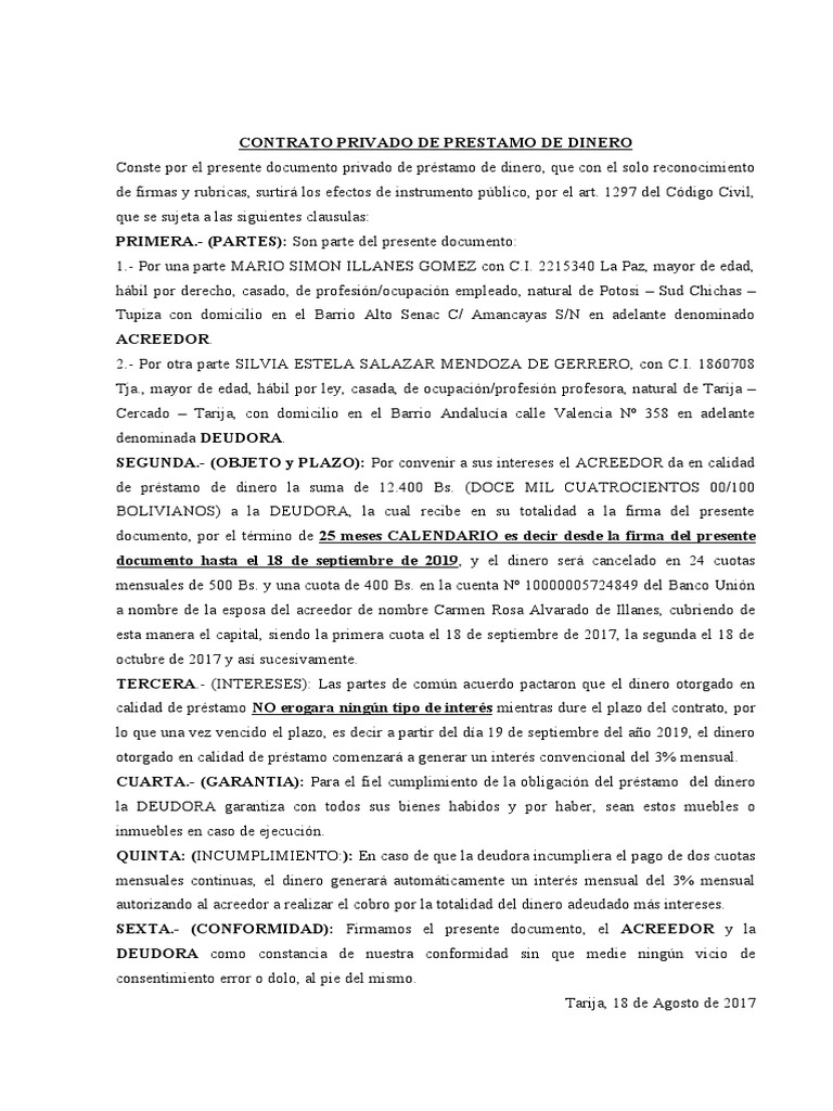Contrato Privado de Prestamo de Dinero Mario Simon Illanes Gomez | PDF ...