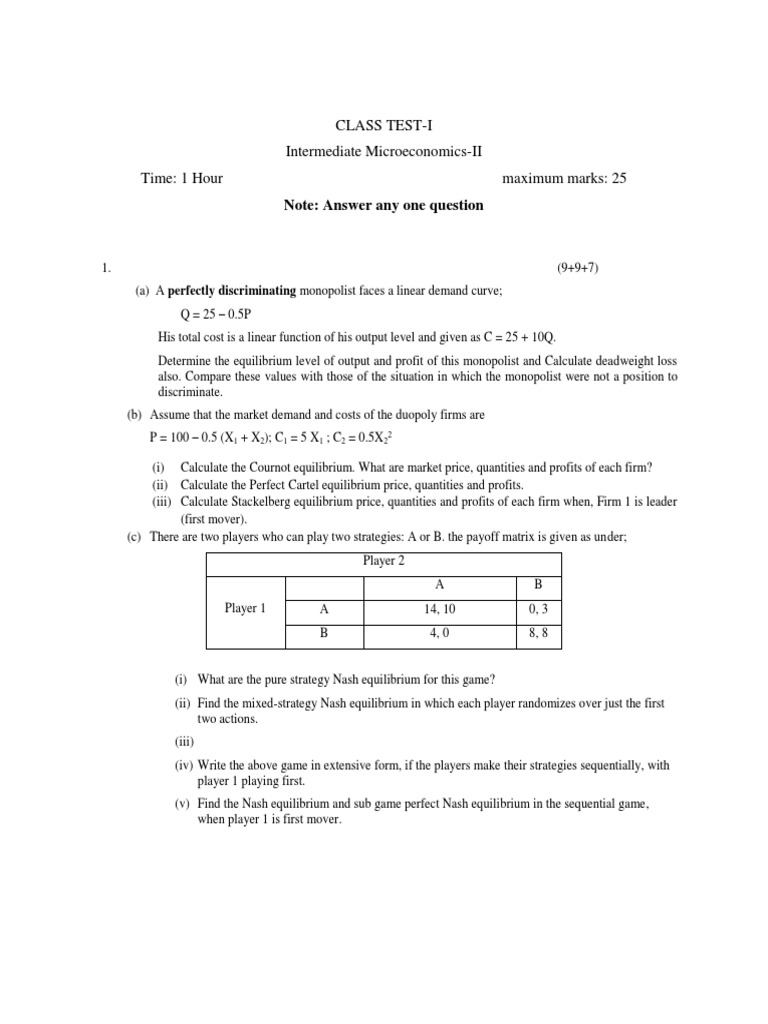 Class TestI Intermediate MicroeconomicsII Time 1 Hour Maximum Marks