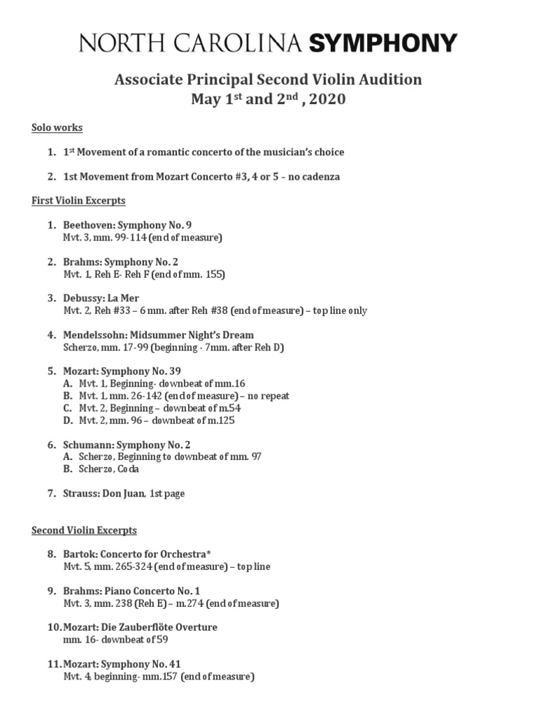 Violin Audition Excerpts List | PDF