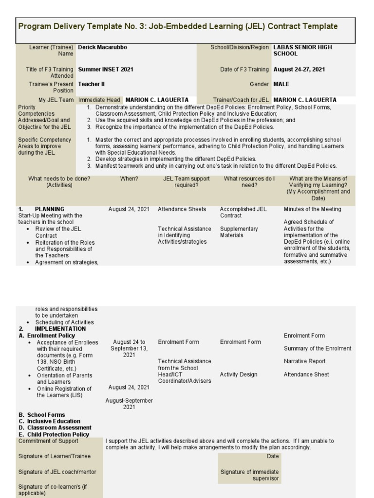 Program Delivery Template No. 3: Job-Embedded Learning (JEL) Contract ...
