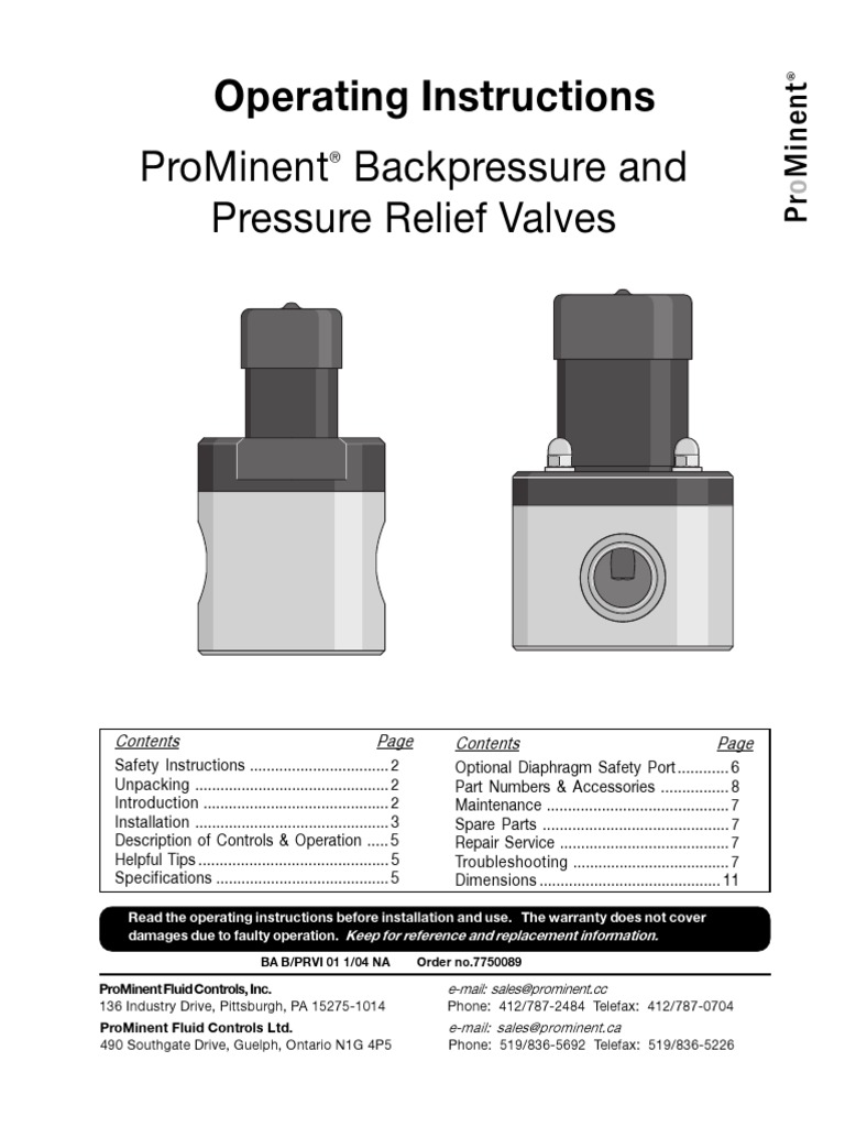 Prominent Back Pressure Valves PDF Pump Valve