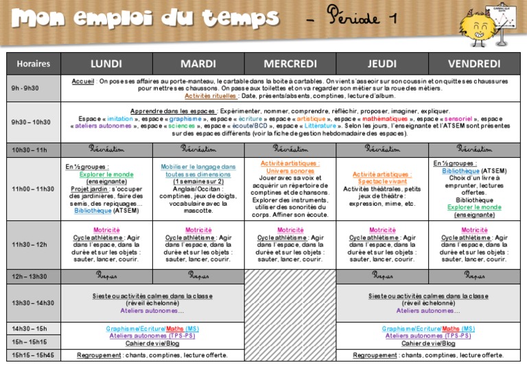 Emploi Du Temps 17 18 Classe De Tps Ps Ms Pdf