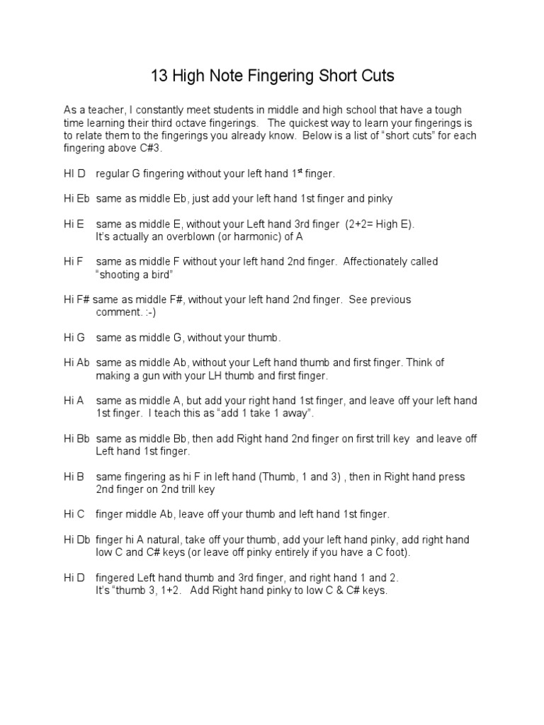 High Note Fingering Shortcuts for Flauto | PDF