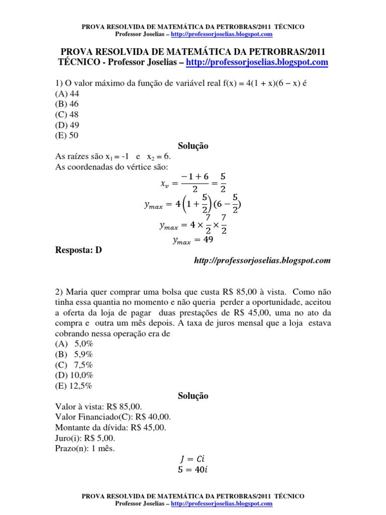 Prova de Matemática Petrobras 2011 Resolvida | PDF | Sol | Tempo