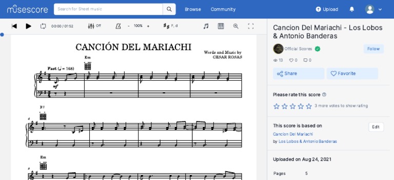 Cancion Del Mariachi - Los Lobos & Antonio Banderas Sheet Music For ...