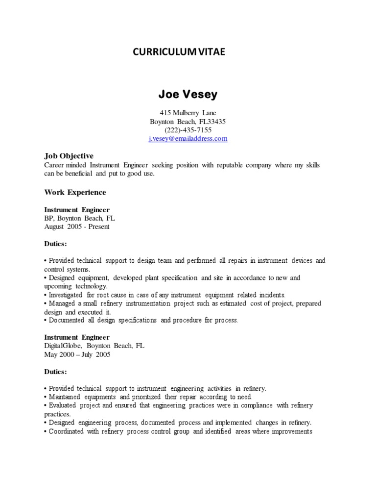 Sample Cv Instrumentation Engineer Programmable Logic