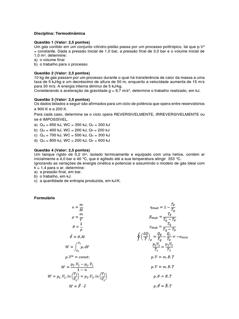 Questões de Termodinâmica Avançada | PDF | Mecânica Clássica ...
