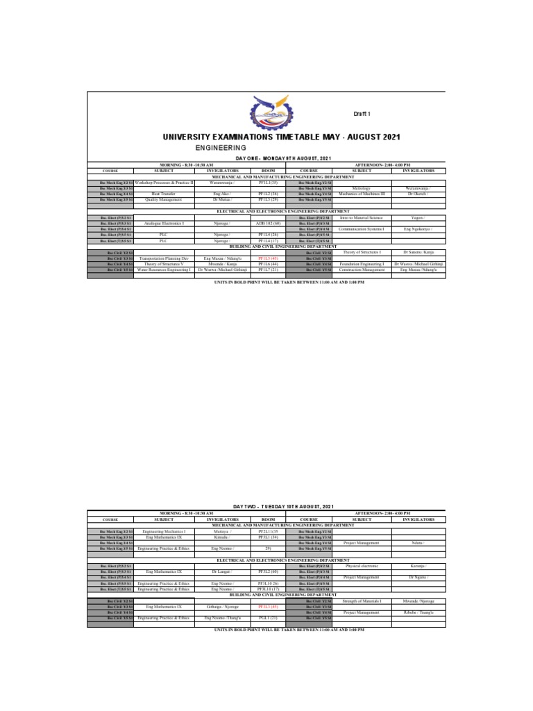 Draft Engineering Timetable 2021 | PDF | Engineering | Bachelor Of Science