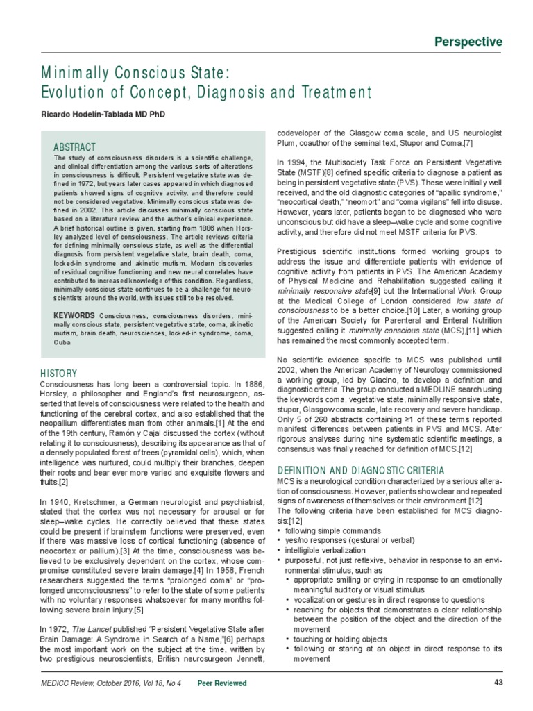 Minimally Conscious State PDF Consciousness Coma