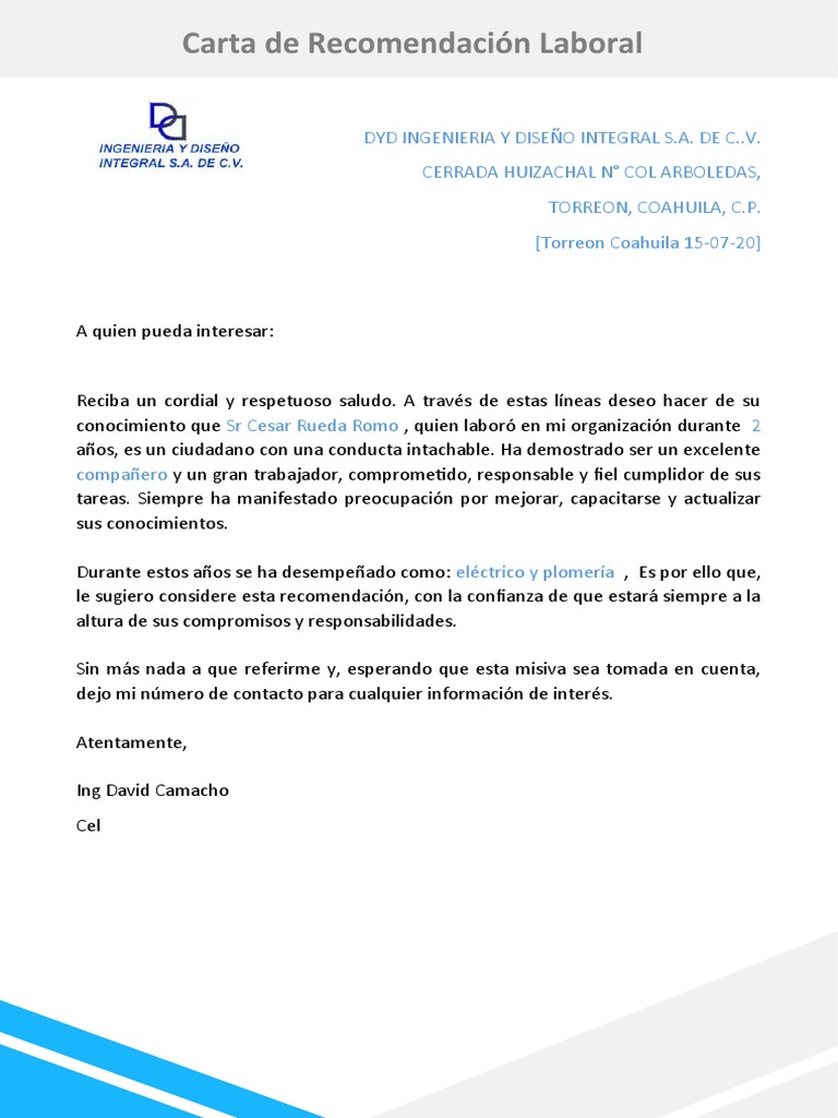 39 Modelo de Carta de Recomendacion Laboral | PDF