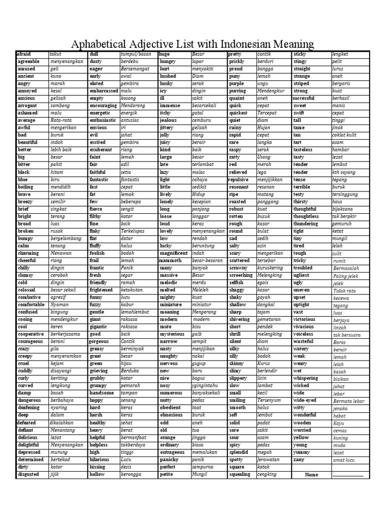 A-Z Adjective List with Indonesian Meanings | PDF