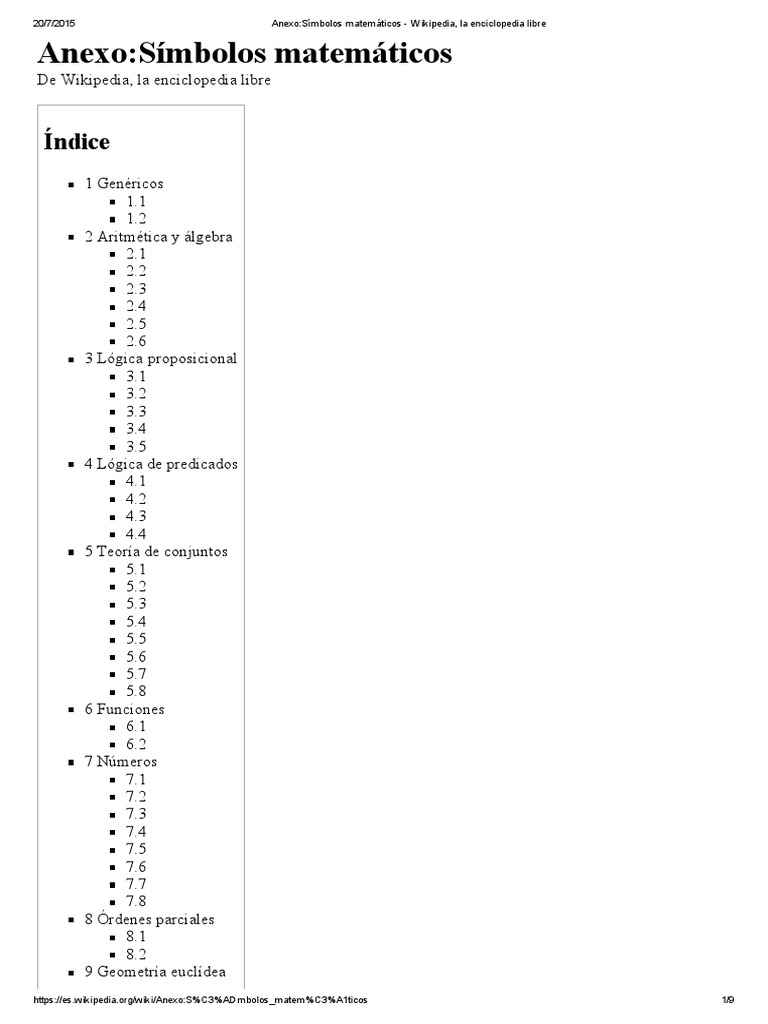 Anexo Símbolos Matemáticos - Wikipedia, La Enciclopedia Libre | PDF ...