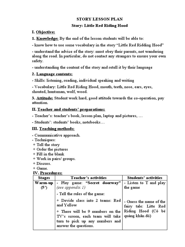 Story Lesson Plan G1 PDF Little Red Riding Hood Lesson Plan