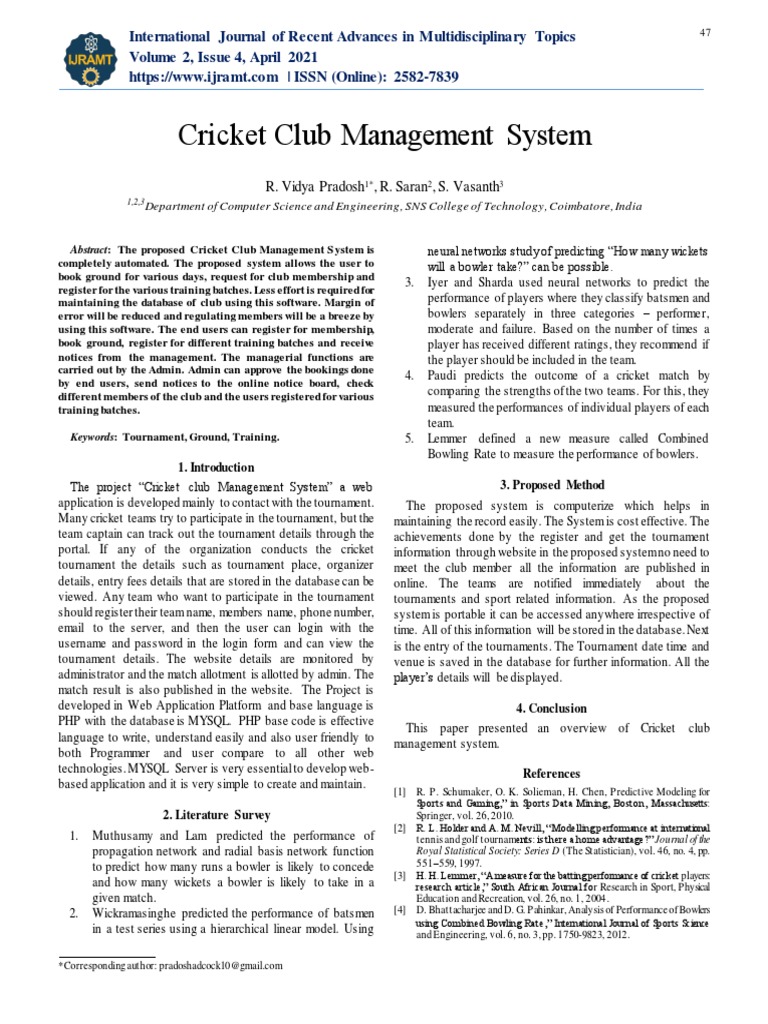 Cricket Club Management System | PDF | Databases | Websites