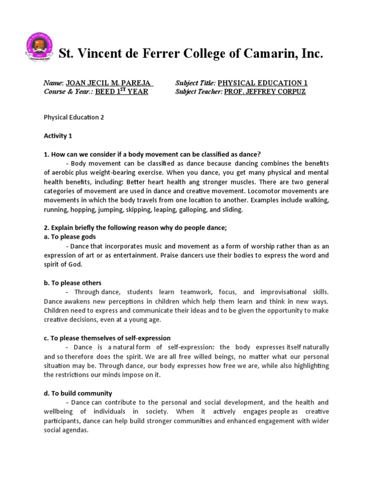 ACTIVITY 1 Physical Education 2 | PDF | Dances | Physical Education