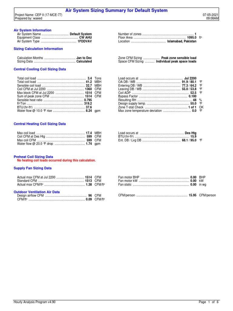 Air System Sizing Summary For Default System | PDF | Ventilation ...