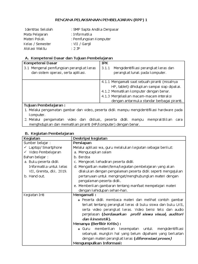 RPP Informatika Kelas VII: Pemfungsian Komputer | PDF