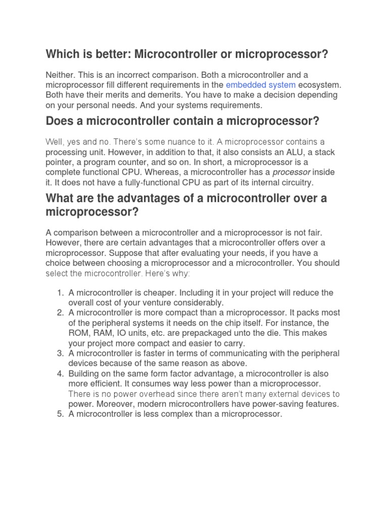 Microprocessor Vs Microcontrollers PDF Microcontroller Central Processing Unit