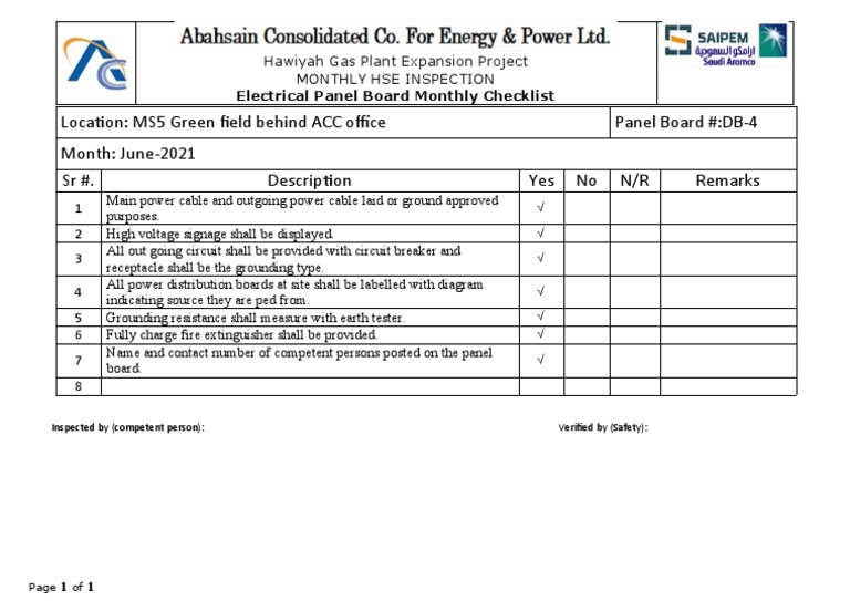 Electrical Panel Inspection Checklist | PDF | Technology & Engineering