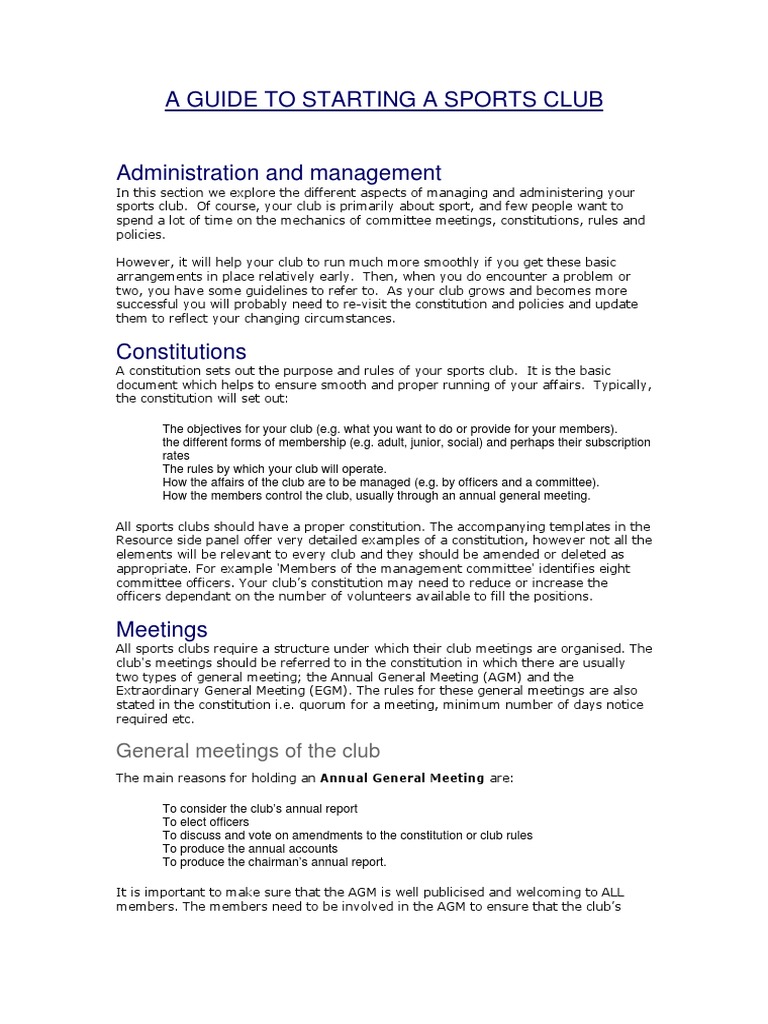 A Guide To Starting A Sports Club General Meetings of The Club PDF Charitable Organization