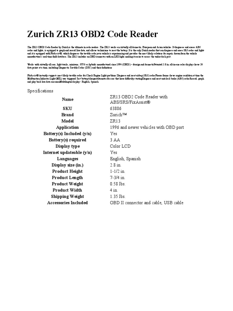 Zurich ZR13 OBD2 Code Reader PDF Automotive Technologies Car