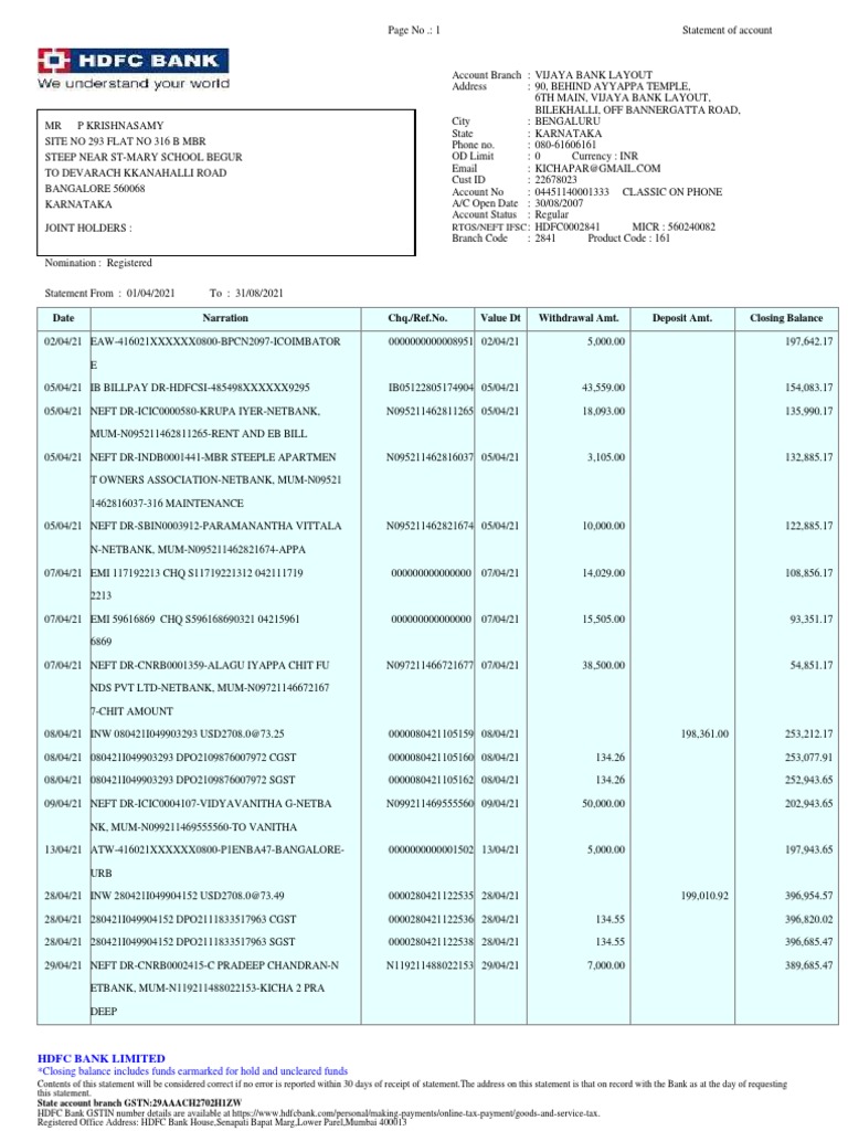 HDFC Bank Account Statement Summary | PDF | Debit Card | Banks