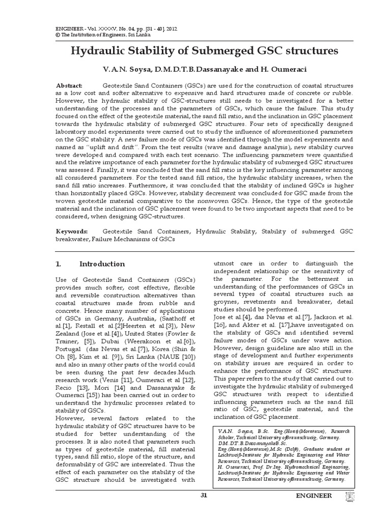 Hydraulic Stability of Submerged GSC Structures PDF Friction Force