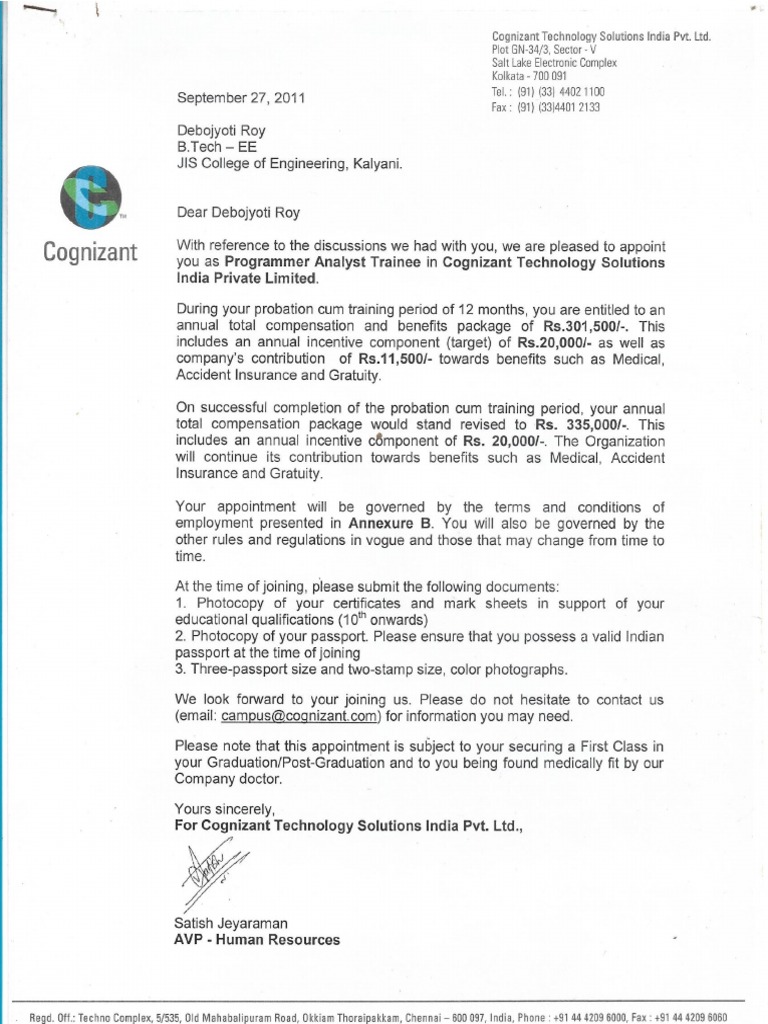 Cognizant Offer Letter PDF