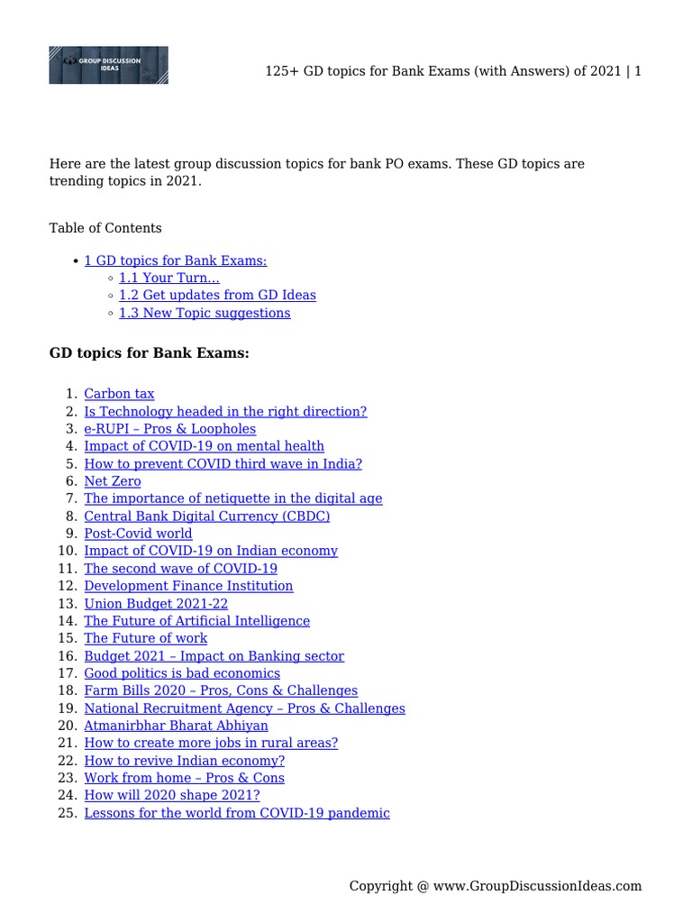 125+ GD Topics For Bank Exams (With Answers) of 2021 | PDF 