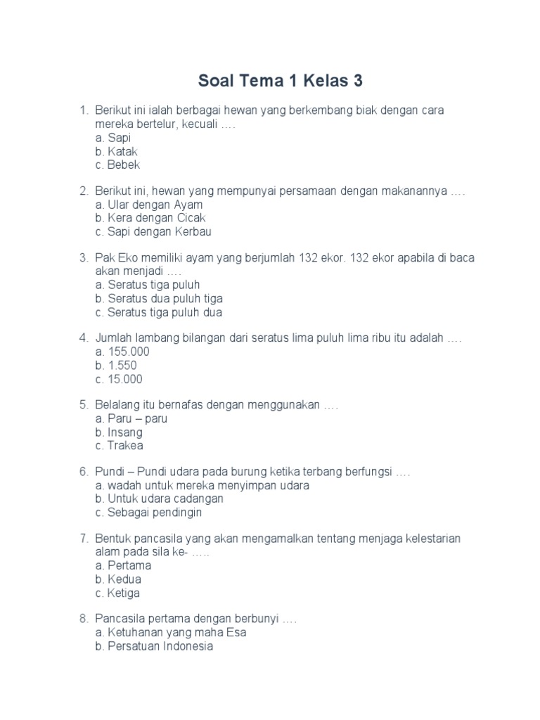 Soal Tema 1 Kelas 3 SD