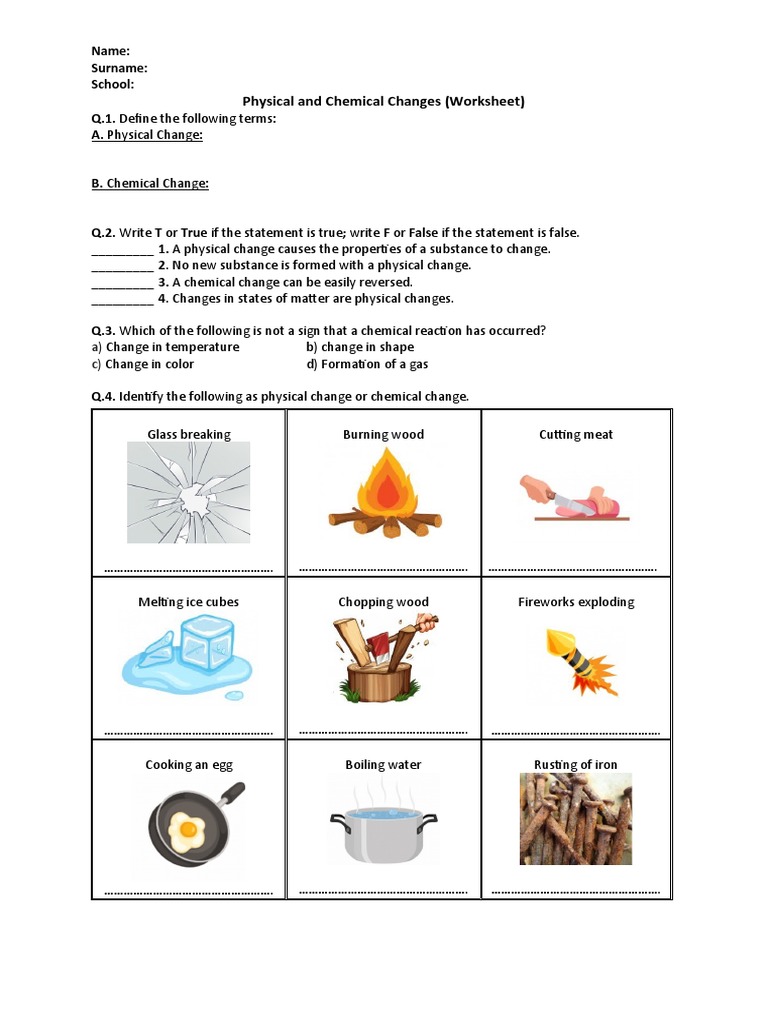 Chemical And Physical Changes Worksheet