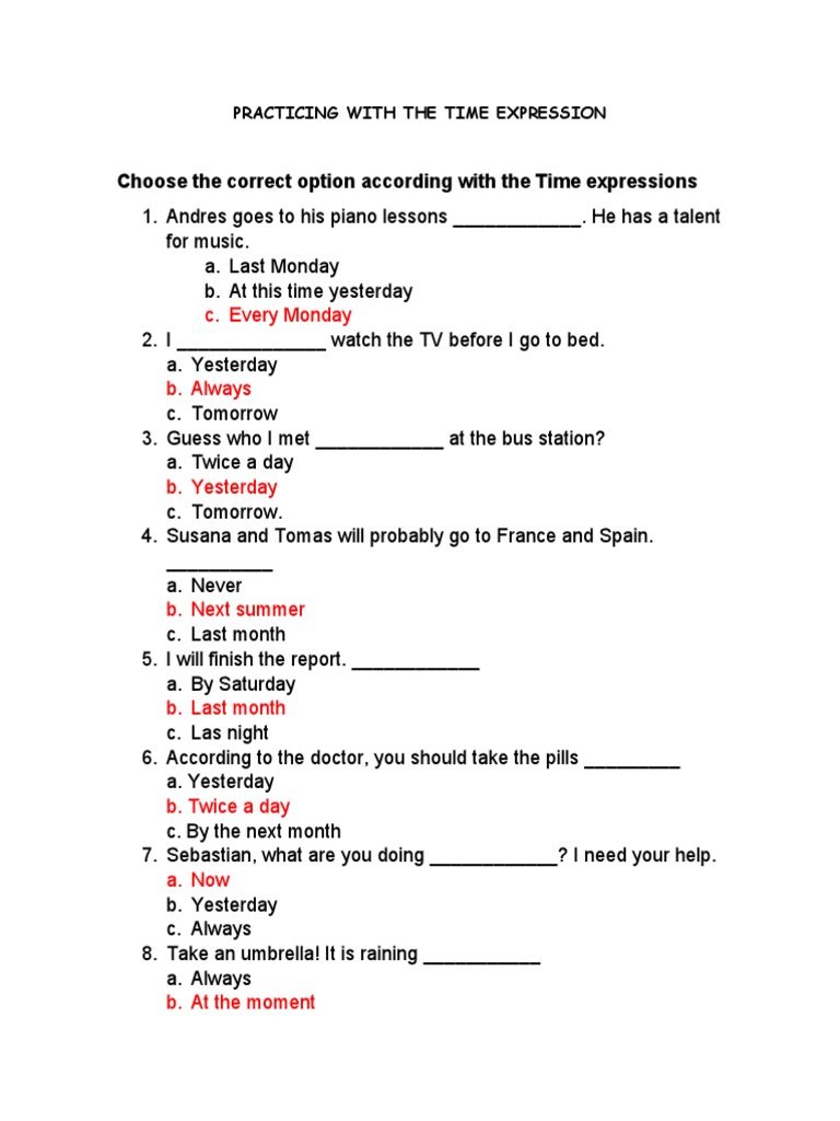 Time Expression Practice Exercises | PDF | Language Arts & Discipline