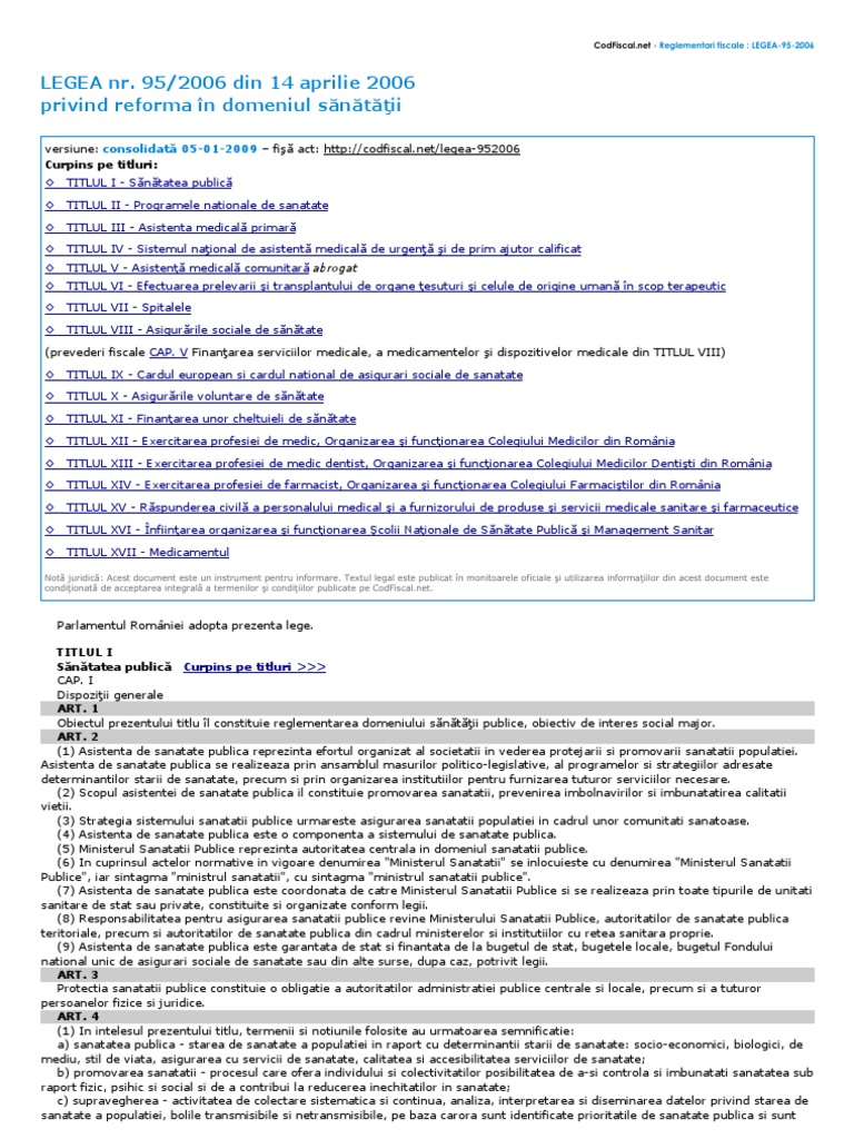 Legea 95 2006 Reforma Domeniul Sanatatii Vconsolidata 05 01 2009
