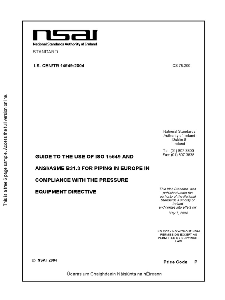 Standard: I.S. CEN/TR 14549:2004 | PDF | Safety | European Economic Area