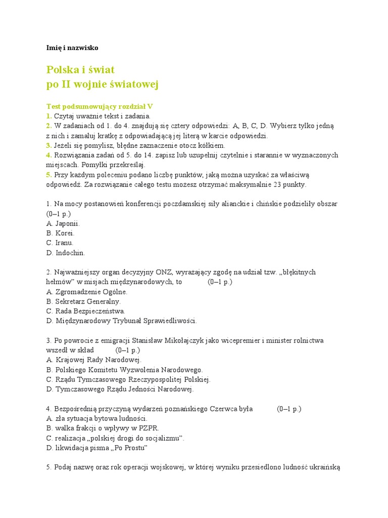 Polska Po Ii Wojnie światowej Test Podsumowujący Rozdział Iv
