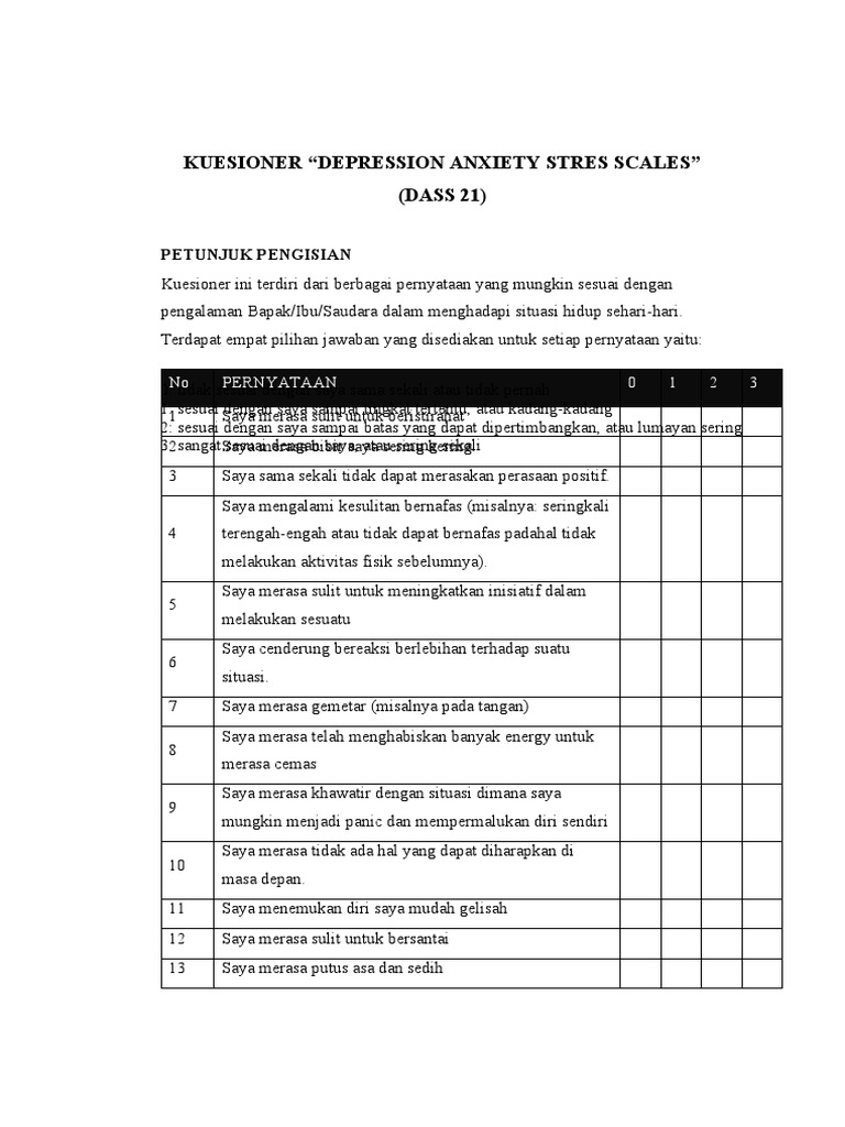 Kuesioner DASS 21 untuk Stres dan Kecemasan | PDF