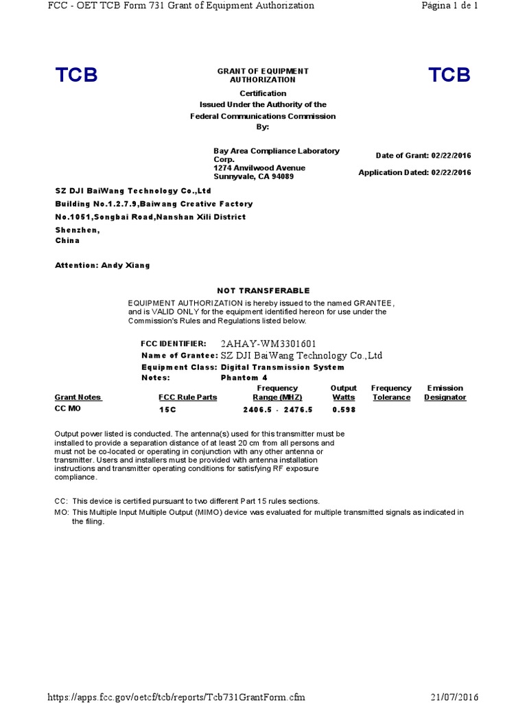 FCC Equipment Authorization Grant for the SZ DJI BaiWang Technology Co