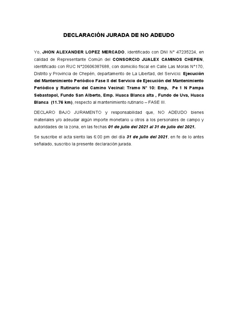 Declaración Jurada de No Adeudo | PDF