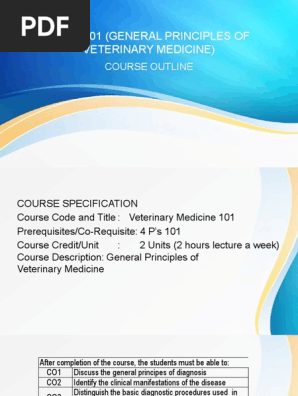 Vmed 101 General Prinicples of Veterinary Medicine Course Outline