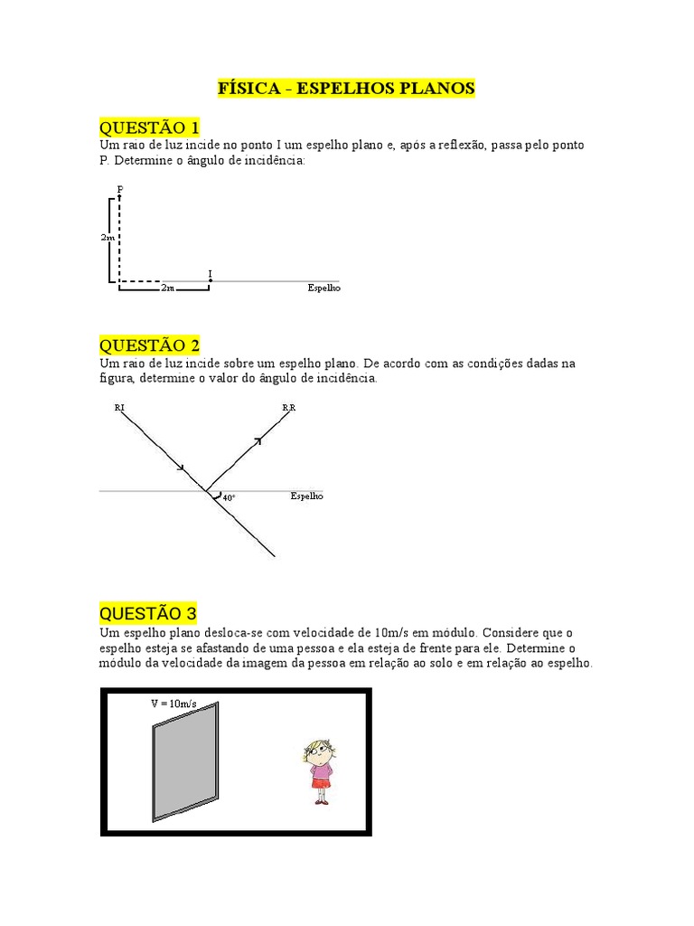 Física Espelhos Planos Exercícios | PDF | Métodos e Materiais de Ensino ...