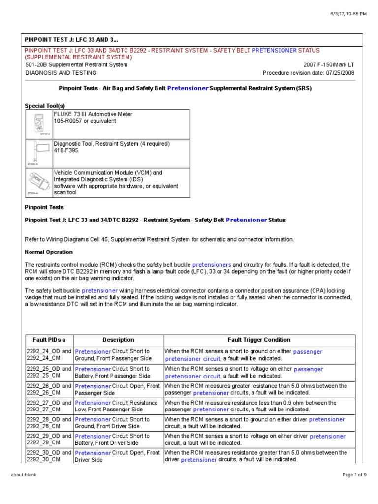 07 F150 Pretensioner Fault Isolation Proceedures PDF Seat Belt Airbag