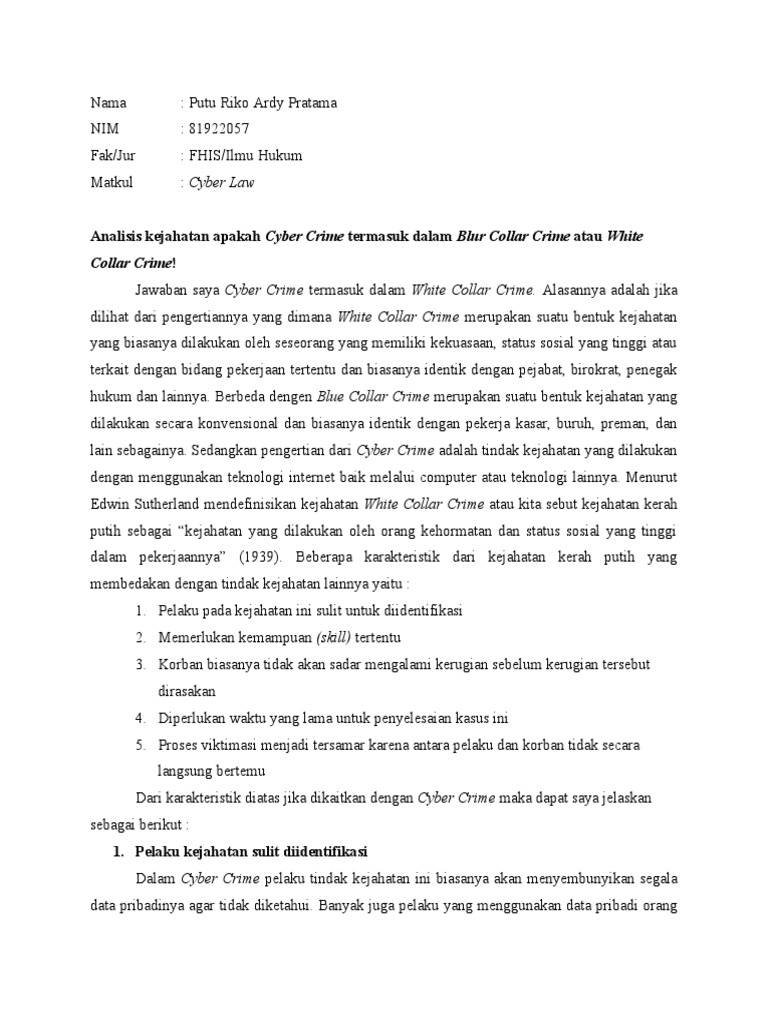 Cyber Law Analisis Cyber Crime White Collar Crime Blue Collar Crime Pdf